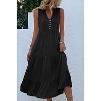 Kadın Askılı V Yakalı önden Düğmeli Midi Viskon Elbise