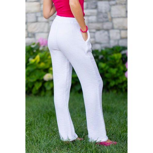 Beli Lastikli Multi Çift Cepli Müslin Kadın/Erkek Unisex Yazlık Pantolon Beyaz Byz