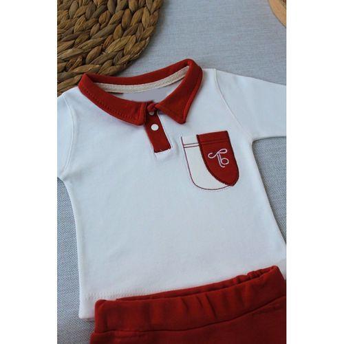 3-6 6-9 9-12 Ay Efendi Nakışlı Cep Şapkalı Uzun Kollu Sweat 3lü Erkek Bebek Takımı Kiremit