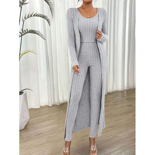 Kadın Yuvarlak Yaka Askılı Krop Bluz Yüksek Bel Tayt Ve Uzun Hırka şardonlu Kaşkorse üçlü Takım