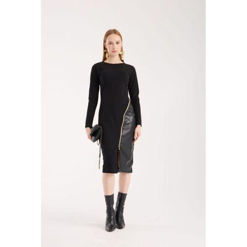 Kadın Bisiklet Yaka Uzun Kollu Deri Ve Fermuar Detay Mini Yırtmaçlı Elbise