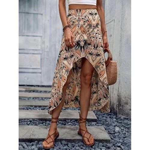 Kadın Yüksek Bel çiçek Desenli önü Asimetrik Detaylı Uzun Süprem Etek