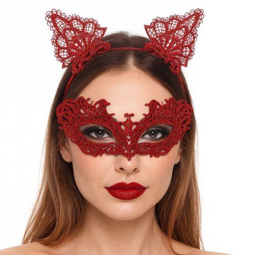 Şık Kırmızı Dantel Maske ve Taç Seti 5 No