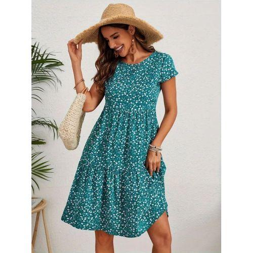 Kadın Kısa Kollu Bisiklet Yaka çiçek Desenli Süprem Elbise