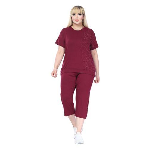 Melsay Butik Bordo Kısa Kollu Yarım Taş Baskılı Viskon Kapri Takım
