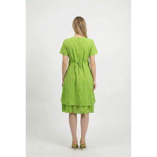 Kısa Kol Nil Vual Diz Boyu Çift Cepli Nakışlı Yazlık Elbise Fıstık Yeşili fysl