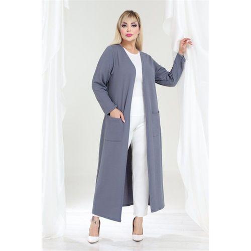 Melsay Butik Büyük Beden Gri Dokulu Örme Kumaş Uzun Kadın Hırka