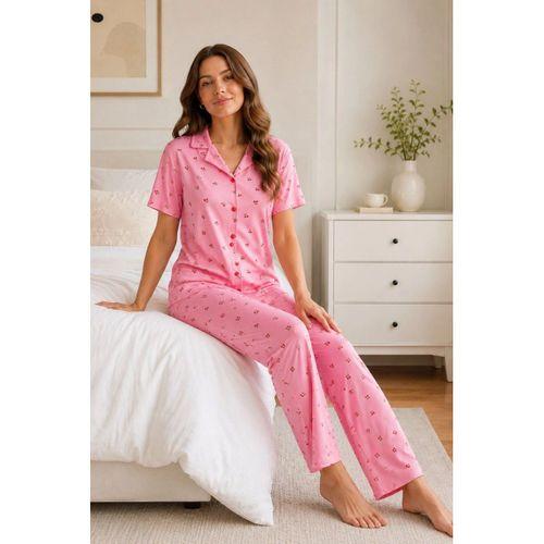 Kadın Pijama Takımı - Kiraz Desenli Kısa Kollu Gömlek Yaka Milan Kumaş, Pembe