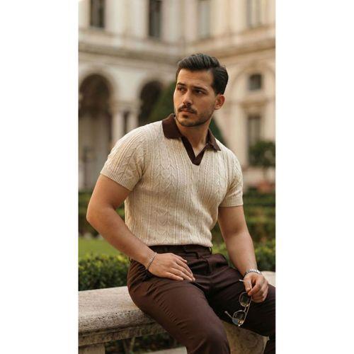 Erkek Desenli Kısa Kollu Triko Tişört - %100 Pamuk Akrilik