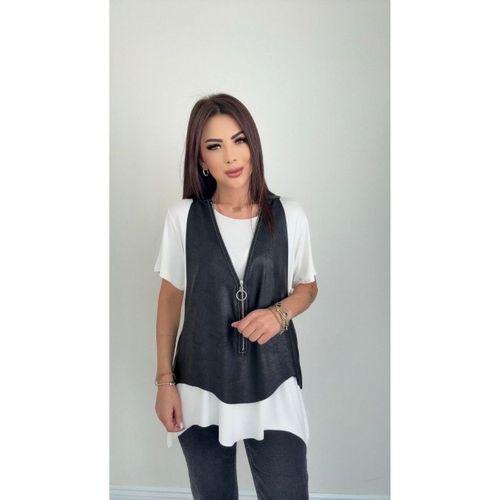 Kadın Kısa Kollu Yuvarlak Yaka Viskon Bluz + Kolsuz Fermuarlı çatlak Deri Yelek