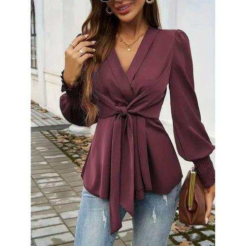 Kadın Uzun Kollu Kruvaze Yakalı önden Bağlamalı Ithal Krep Bluz