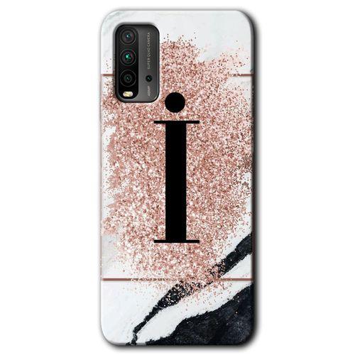 MRCİLETİSİM Xiaomi Redmi 9T Kılıf Baskılı Kapak - Pembe Mermer Desenli İ Harfi + 5D Tam Kaplayan Cam