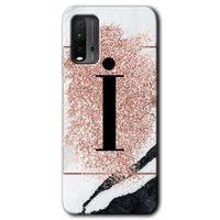 MRCİLETİSİM Xiaomi Redmi 9T Kılıf Baskılı Kapak - Pembe Mermer Desenli İ Harfi + 5D Tam Kaplayan Cam