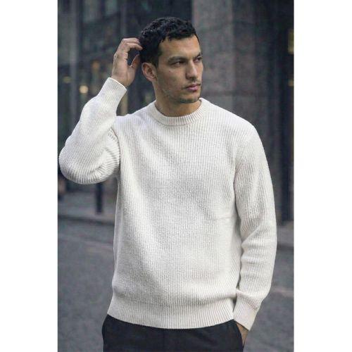 Pilar Oversize Selanik Örgülü Bisiklet Yaka Erkek Triko Kazak - Ekru