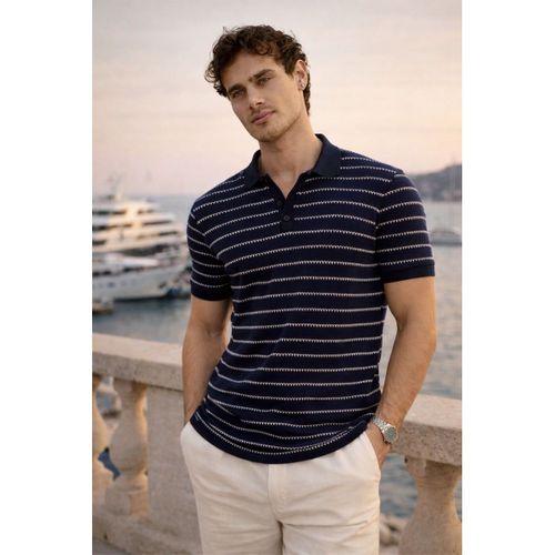 Nordic Desenli Örme Kumaş Viskon Erkek T-Shirt - Lacivert