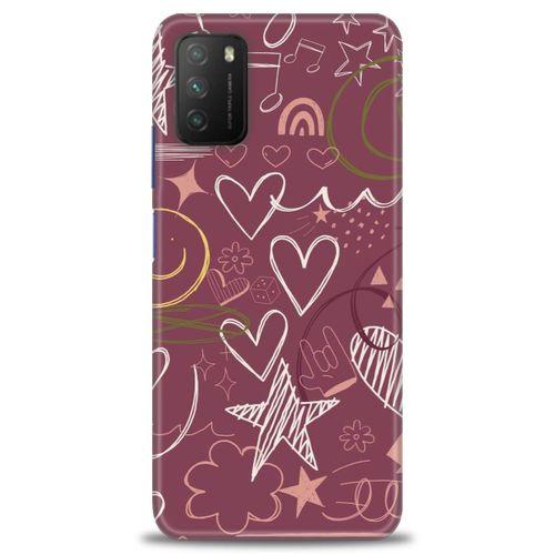 Xiaomi Poco M3 Kılıf HD Baskılı Kılıf - Notalar ve Kalpler Bordo + Tam Ekran Koruyucu