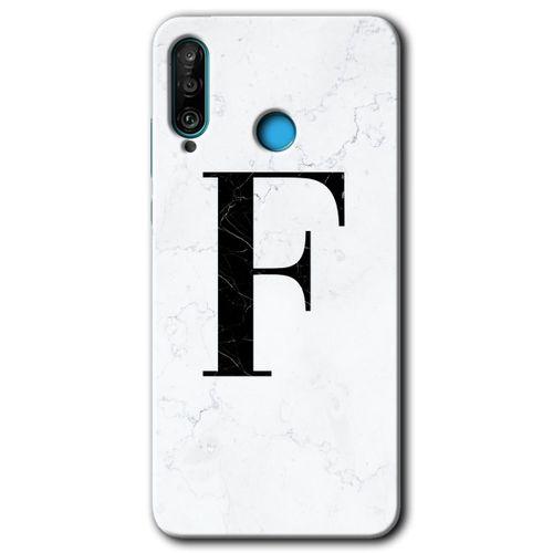 MRCİLETİSİM Huawei P30 Lite Kılıf HD Desen Baskılı Arka Kapak + Temperli Cam - Beyaz Mermer Desenli F Harfi