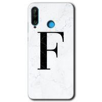 MRCİLETİSİM Huawei P30 Lite Kılıf HD Desen Baskılı Arka Kapak + Temperli Cam - Beyaz Mermer Desenli F Harfi