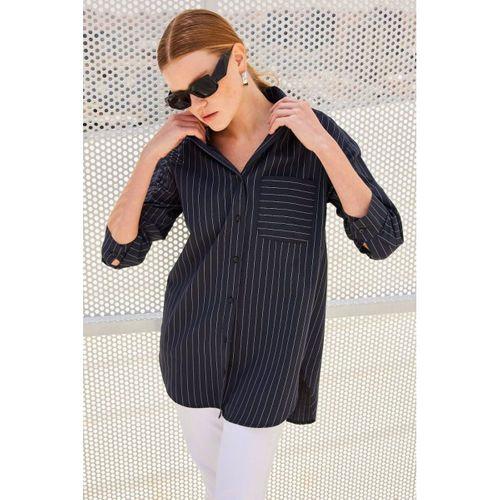 20217 Cep Detaylı Çizgili Oversize Gömlek - Siyah