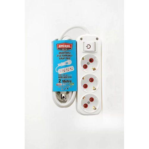 Amiral 3' Lü Topraklı Anahtarlı 2 Metre Kablolu Grup Priz