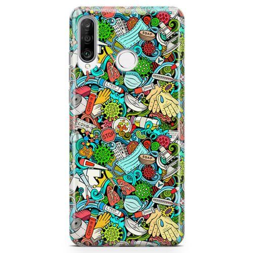 Huawei Nova 4e Kılıf Covid-19 Doodle Arka Kapak Koruma Desenli Full Koruyucu