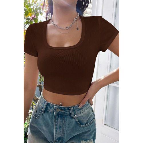 Kadın Kahverengi Yarım Kol Düz Yaka Crop Top Bluz