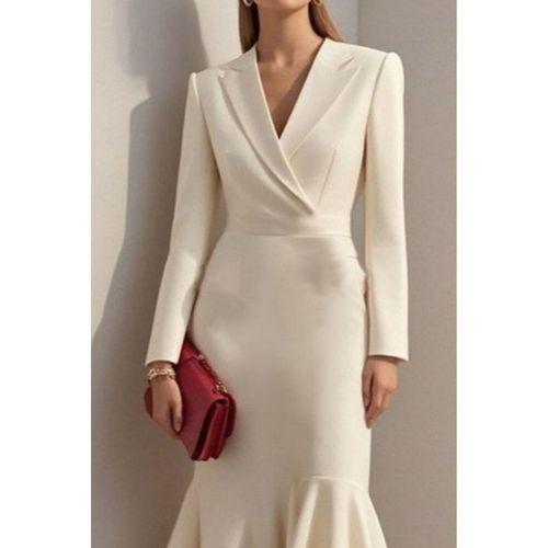 Kadın Uzun Kollu Yakalı Belden Oturtmalı Midi Ithal Krep Elbise