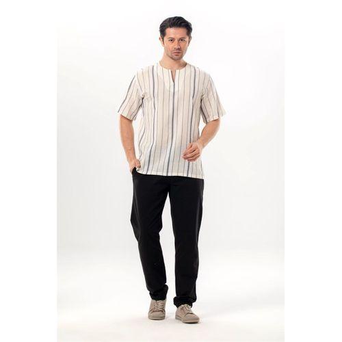 Kısa Kol Şile Bezi Bisiklet Yaka Erkek Yazlık Tshirt Ekru Gri Çizgili 3028
