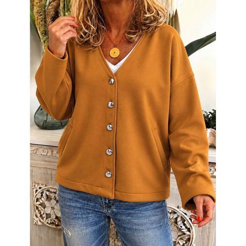 Kadın Düğme Detaylı V Yaka Oversize Camel Ceket / Hırka