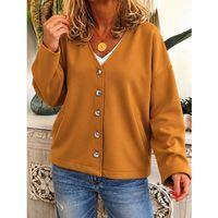 Kadın Düğme Detaylı V Yaka Oversize Camel Ceket / Hırka