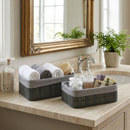 Gri Bambu Kenarlı Dikdörtgen Organizer Sepet (25x14 / 28x18 cm) - Ahşap Taban, Bezli