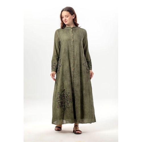 Uzun Kol Nuray Düğmeli Yuvarlak Yaka Çift Cepli Poplin Ferace Haki Hk