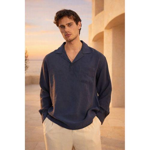 Sartre Apaş Yaka Tek Cepli İnce Modal Kumaş Oversize Yazlık Gömlek - Lacivert