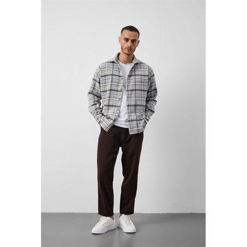 Jasper Relaxed Fit Pamuklu İnce Çizgili Oduncu Erkek Gömlek - Mavi-Bej