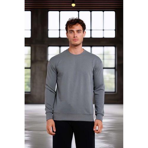 Wenders Relax Fit Basic Fırçalı Interlok Bisiklet Yaka Erkek Sweatshirt - Füme
