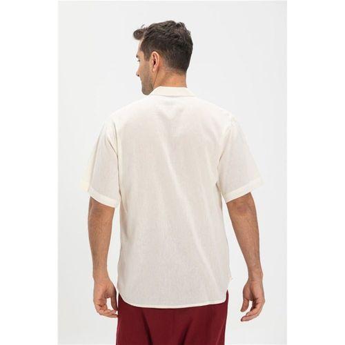 Büyük Beden Şile Bezi Kısa Kol Tek Cepli Hakim Yaka Erkek Yazlık Tshirt Krem 3002