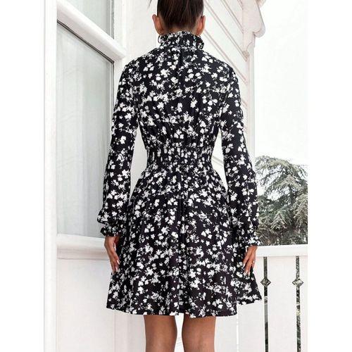 Kadın Uzun Kollu Balıkçı Yaka çiçek Baskılı Helen Kumaş Elbise