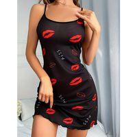 Kadın Elbise Kırmızı Dudak Desenli Askılı Seksi Elbise