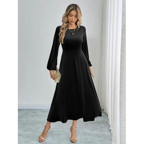 Kadın Uzun Kollu Bisiklet Yaka Midi Kadife Elbise
