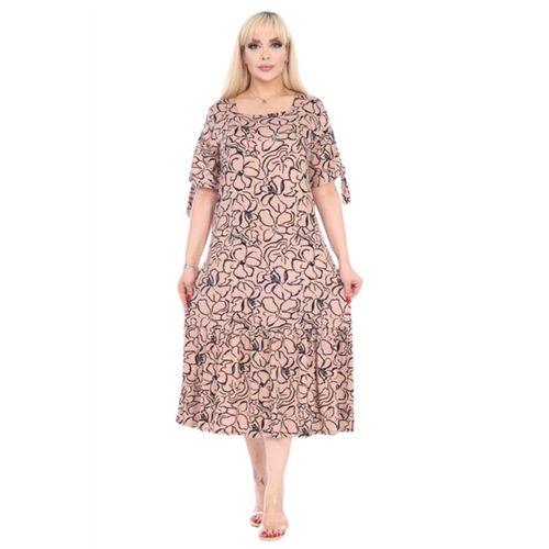 Melsay Butik Vizon Çiçek Desen Kolları Bağlamalı Kısa Kollu Kadın Midi Elbise