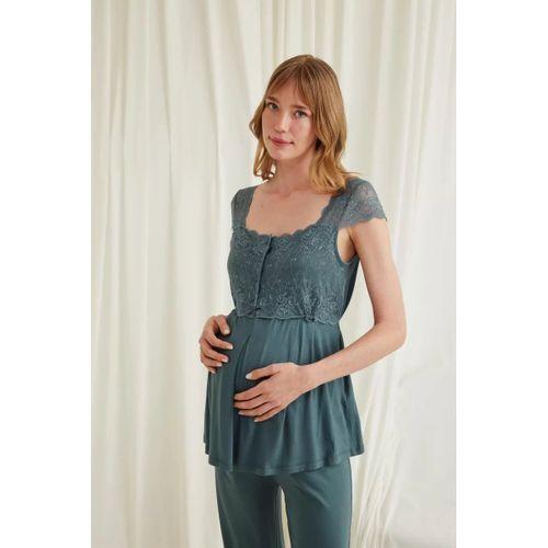 Dantelli Önü Düğmeli Hamile Lohusa 3'lü Viskon Pijama Takımı