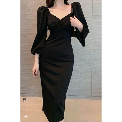 Kadın Uzun Kollu Kalp Yakalı Midi Ithal Krep Elbise