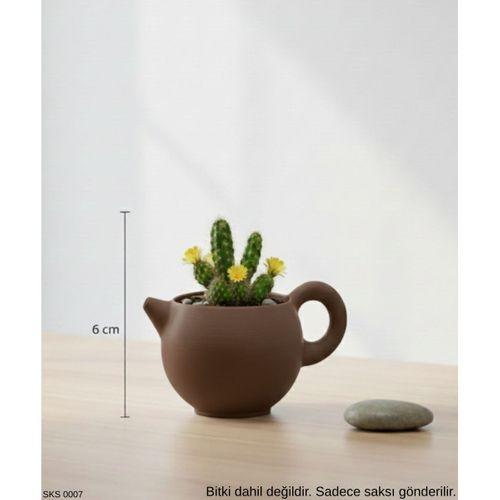 Kahverengi Caydanlik Seklinde Mini Dekoratif Saksi 6 Cm Masa Ustu Ofis Dekoru