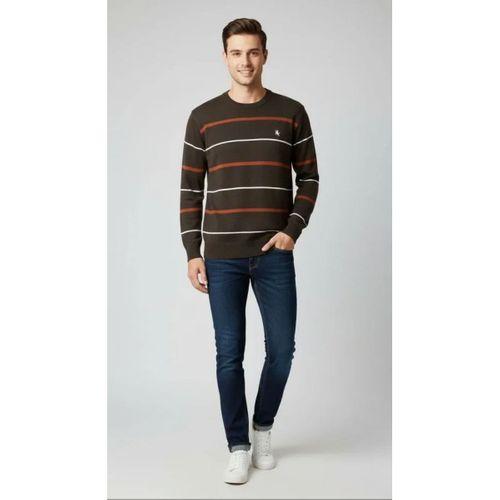 Erkek Bisiklet Yaka Cizgili Triko Kazak Yumuşak Dokulu Pamuklu Ince Dokuma, Uzun Kollu Rahat Regular Kalıp - Koyu Kahverengi