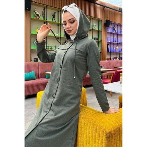 Kapşonlu Düğmeli Sade Basic Uzun Tunik ve Pantolon İkili Spor Takım - 03072.005 - Haki