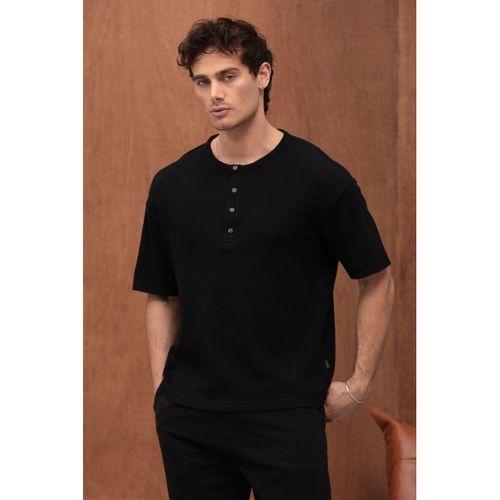 Roth Relaxed Fit Günlük Henley Yaka Waffle Kumaş Yazlık Kısa Kollu T-Shirt - Siyah