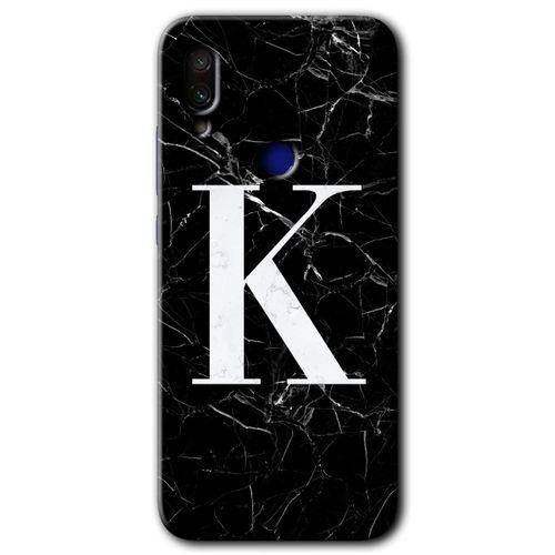 MRCİLETİSİM Xiaomi Redmi Note 7 Kılıf Baskılı Kapak - Siyah Mermer Desenli K Harfi + 5D Tam Kaplayan Cam
