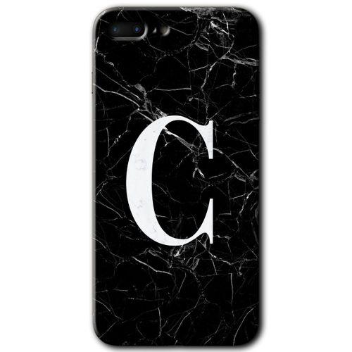 MRCİLETİSİM iPhone 7 Plus Kılıf HD Desen Baskılı Arka Kapak + Temperli Cam - Siyah Mermer Desenli C Harfi