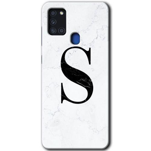 MRCİLETİSİM Samsung Galaxy A21s Kılıf Baskılı Kapak - Beyaz Mermer Desenli S Harfi + 5D Tam Kaplayan Cam
