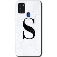MRCİLETİSİM Samsung Galaxy A21s Kılıf Baskılı Kapak - Beyaz Mermer Desenli S Harfi + 5D Tam Kaplayan Cam